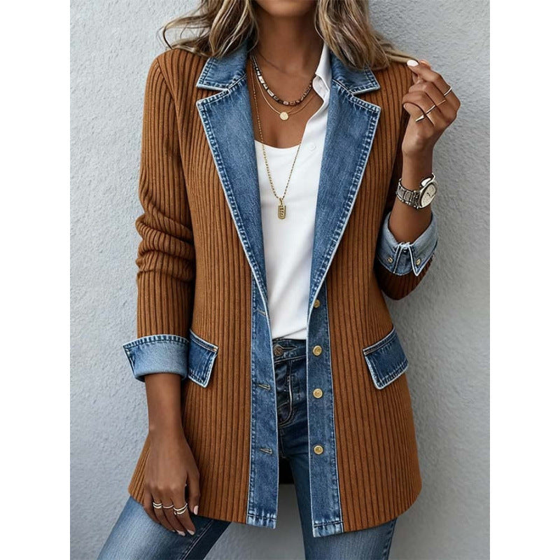 Denim Patchwork Jacket Fashion Commuter Lapel Button-down Long-sleeved Top For Women's Clothing